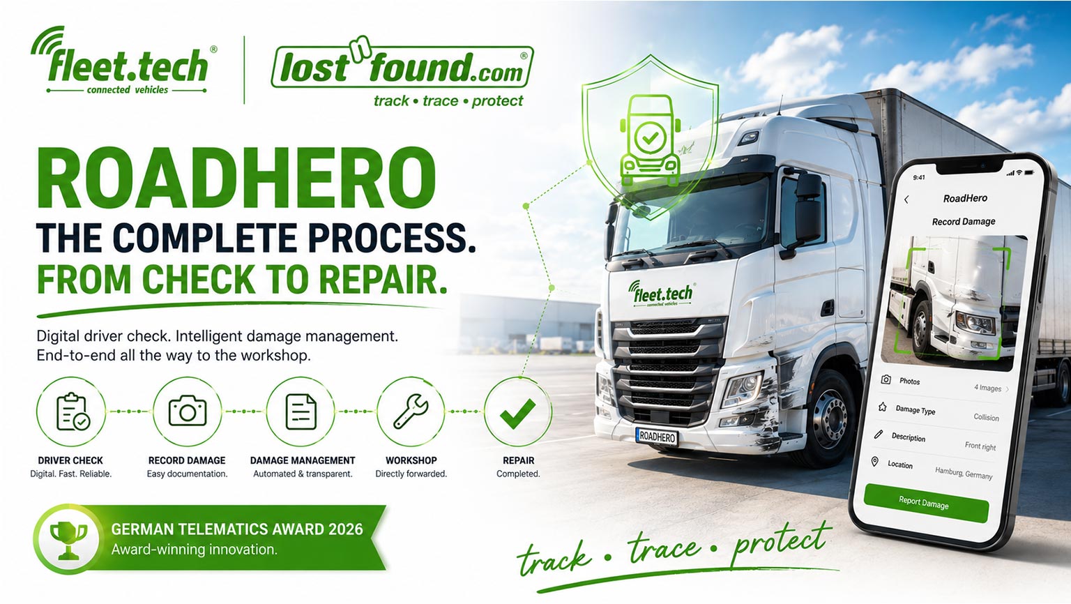 Fleet.tech and lostnfound.com promotional banner for RoadHero: A white truck and a smartphone displaying the RoadHero app for digital pre-departure checks and damage management from report to repair.
