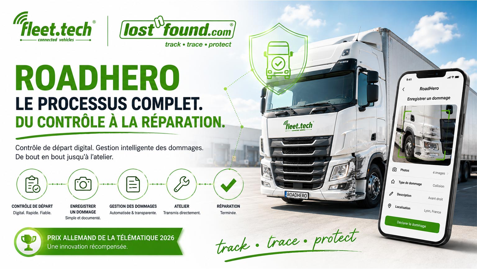 Bannière publicitaire Fleet.tech et lostnfound.com pour RoadHero : Un camion blanc et un smartphone affichant l'application RoadHero pour le contrôle de départ numérique et la gestion des sinistres, du rapport à la réparation.