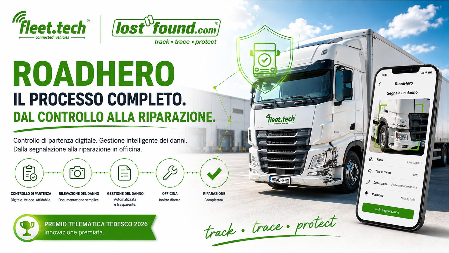 Banner pubblicitario di Fleet.tech e lostnfound.com per RoadHero: Un camion bianco e uno smartphone con l'app RoadHero per il controllo digitale alla partenza e la gestione dei danni, dalla segnalazione alla riparazione.